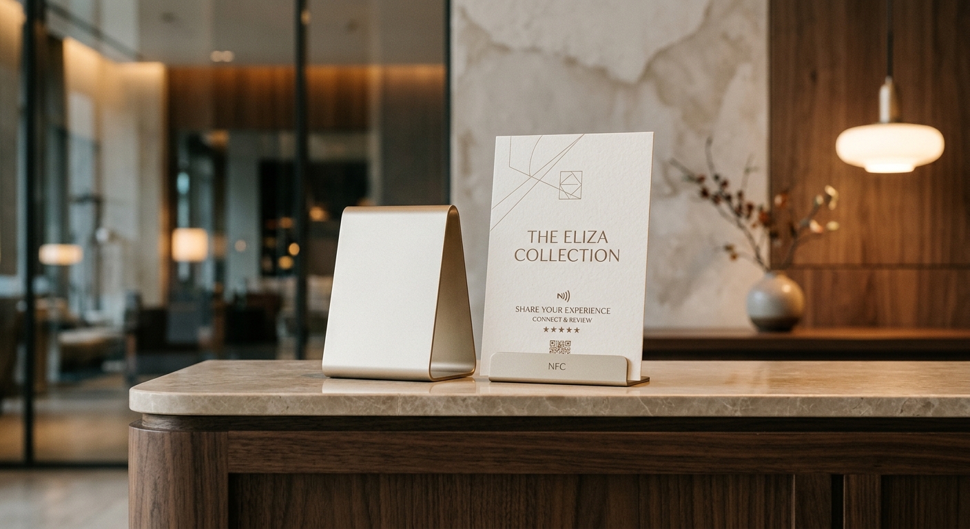 Premium QR and NFC review touchpoints on a reception desk