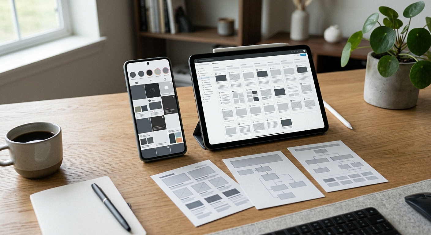 Premium brand identity materials arranged in a clean editorial composition